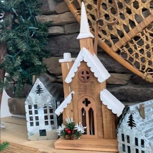 Snow covered wood church, LED lights